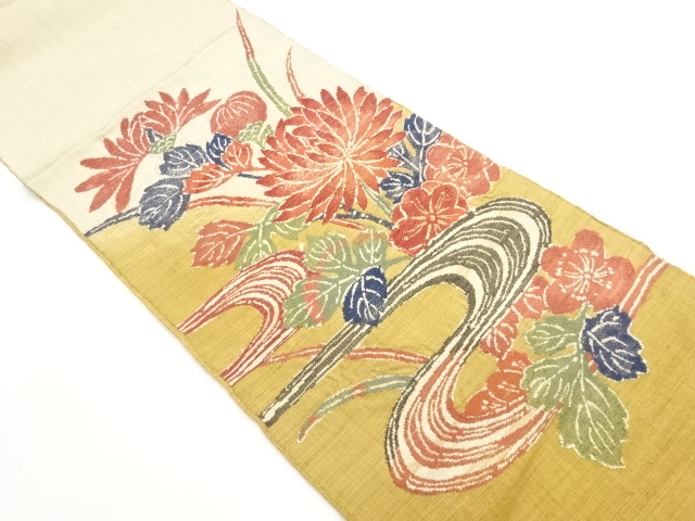手織り紬流水に菊・梅・草花模様織出し名古屋帯